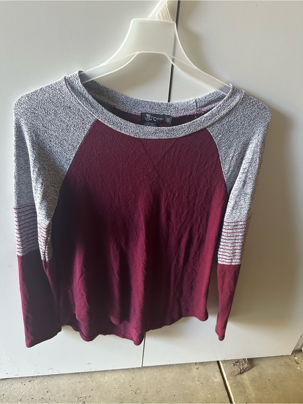 Miss Chievous Burgundy and Heather Gray Raglan Long Sleeve Top